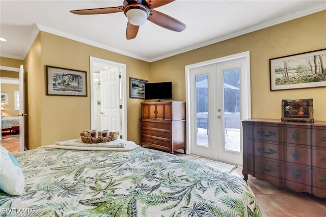 bedroom with access to exterior, ceiling fan, french doors, and crown molding