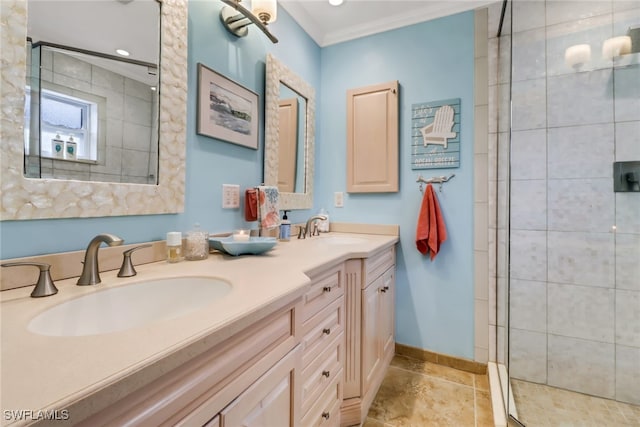 bathroom featuring vanity, walk in shower, and ornamental molding