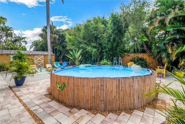 view of pool featuring a storage unit and a patio area