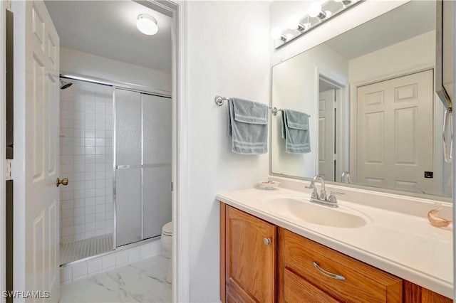 3032 Sandpiper Bay Cir Unit G305, Naples, FL 34112 - bathroom with a stall shower, marble look tile flooring, toilet, and vanity