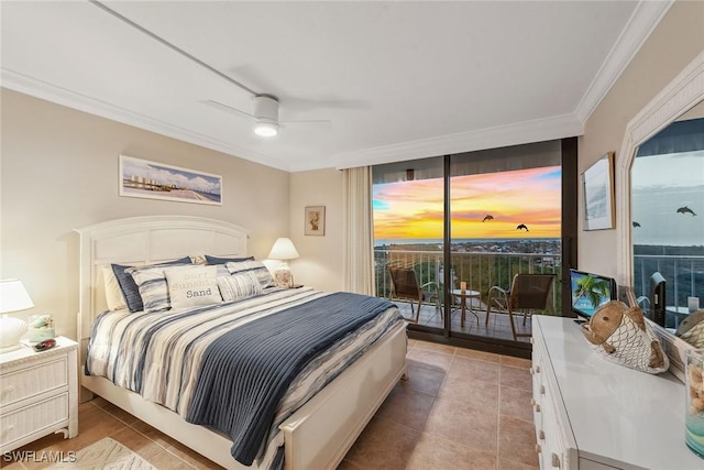 tiled bedroom with ceiling fan, ornamental molding, and access to outside