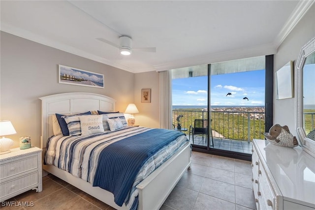 bedroom with access to exterior, light tile patterned floors, ceiling fan, and ornamental molding