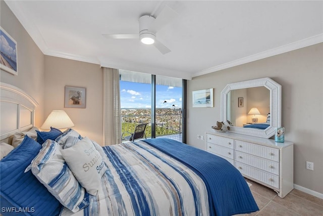 bedroom with access to exterior, light tile patterned floors, ceiling fan, and ornamental molding