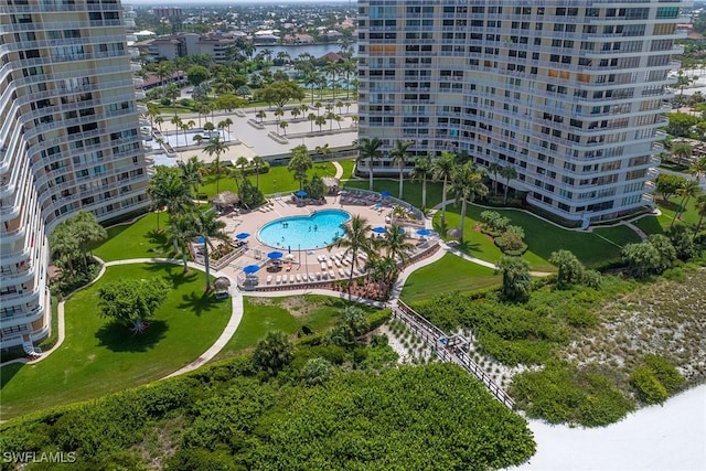 aerial view featuring a water view