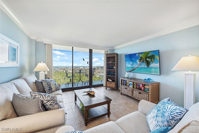 tiled living room featuring floor to ceiling windows and crown molding