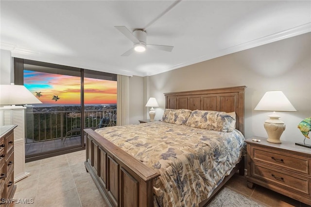 tiled bedroom featuring ceiling fan, access to exterior, and crown molding