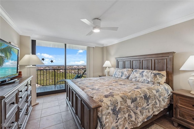 tiled bedroom with access to exterior, ceiling fan, and crown molding