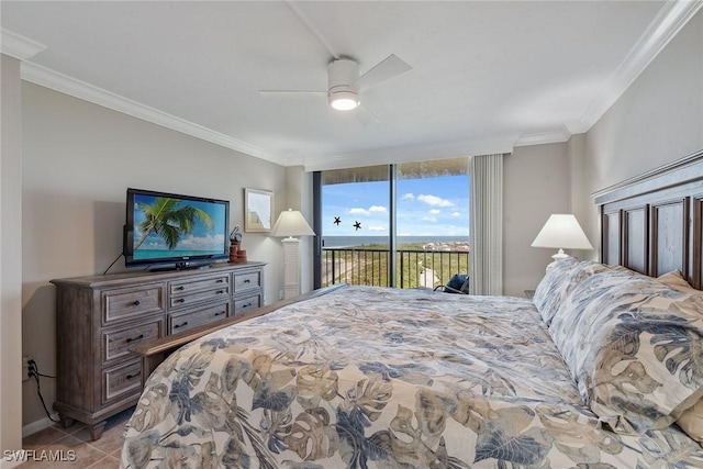 bedroom with access to exterior, light tile patterned floors, ceiling fan, and ornamental molding