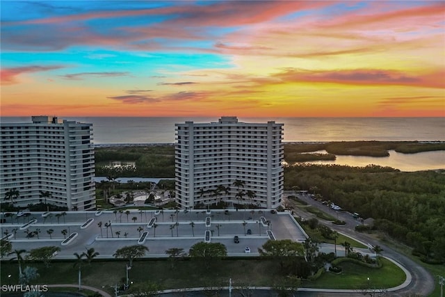 aerial view at dusk with a water view