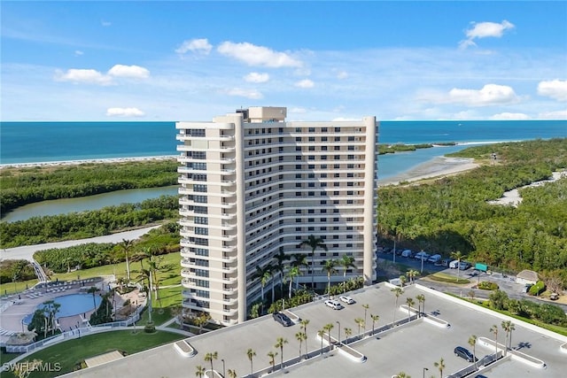 aerial view featuring a beach view and a water view