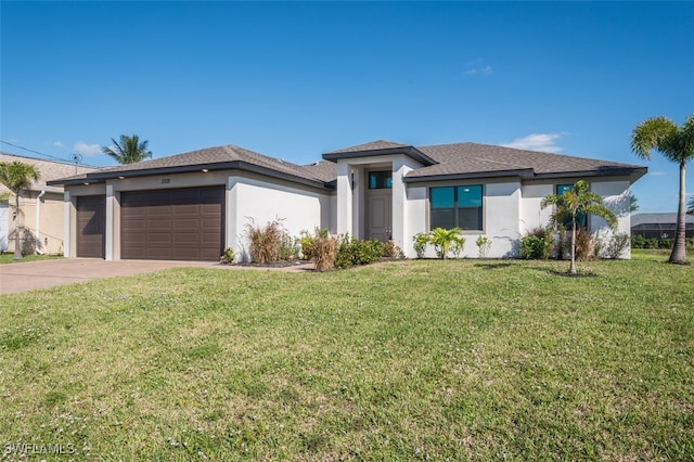 prairie-style house with a garage and a front yard