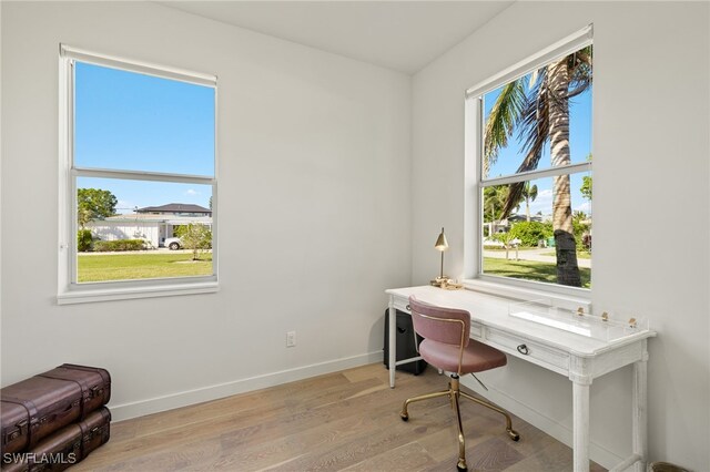 office area featuring a healthy amount of sunlight and light hardwood / wood-style flooring