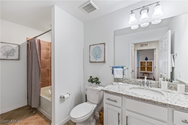 full bathroom with toilet, vanity, tile patterned floors, and shower / bathtub combination with curtain