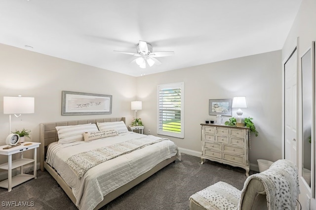 carpeted bedroom with ceiling fan