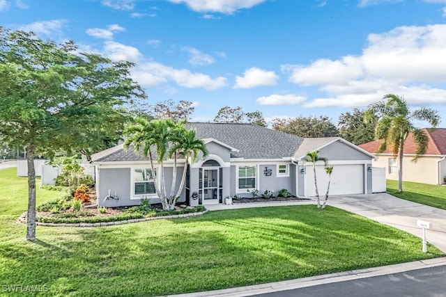 single story home featuring a garage and a front lawn