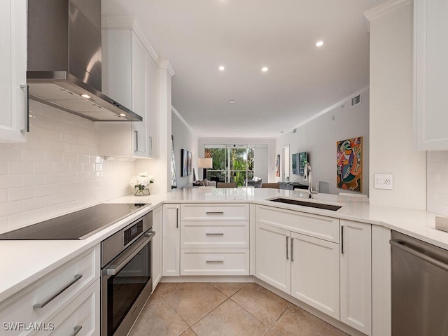 kitchen with white cabinetry, sink, wall chimney exhaust hood, stainless steel appliances, and kitchen peninsula