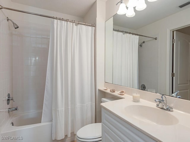 full bathroom featuring shower / tub combo, vanity, and toilet