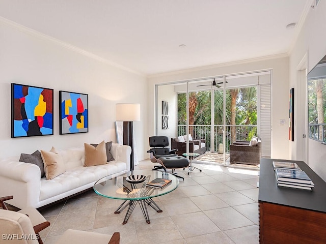 living room with crown molding, light tile patterned floors, and a healthy amount of sunlight