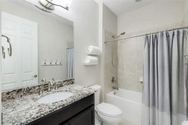 full bathroom with toilet, vanity, and shower / bathtub combination with curtain