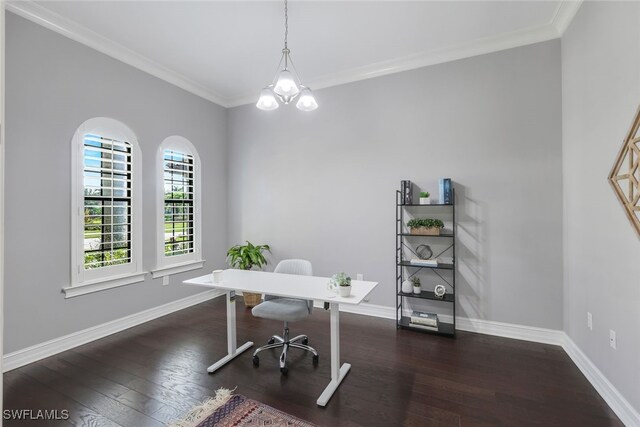 office featuring dark wood-style flooring, a notable chandelier, crown molding, and baseboards