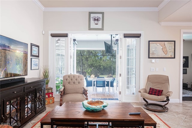 tiled living room with ornamental molding