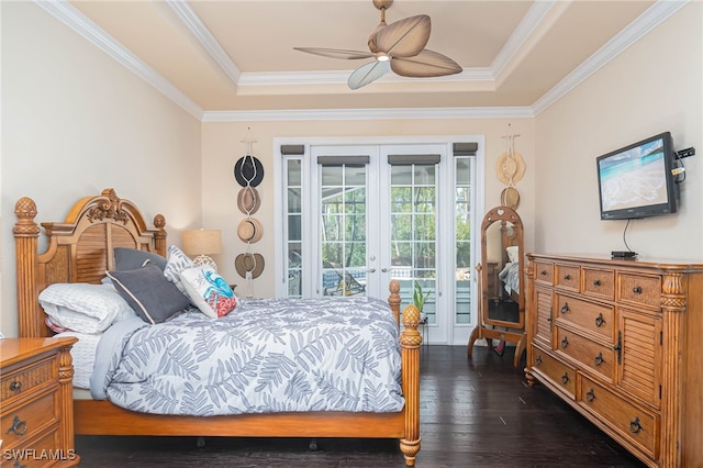 bedroom with access to exterior, ceiling fan, french doors, dark hardwood / wood-style flooring, and crown molding