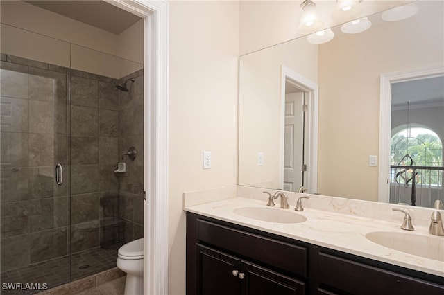 bathroom featuring vanity, toilet, and an enclosed shower