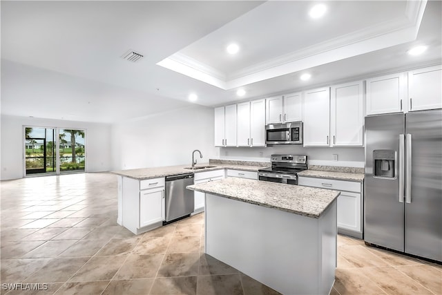 kitchen with white cabinets, sink, a tray ceiling, kitchen peninsula, and stainless steel appliances