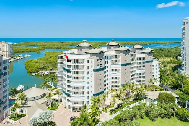 drone / aerial view featuring a water view