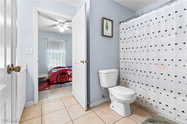 bathroom with tile patterned floors, ceiling fan, toilet, and walk in shower