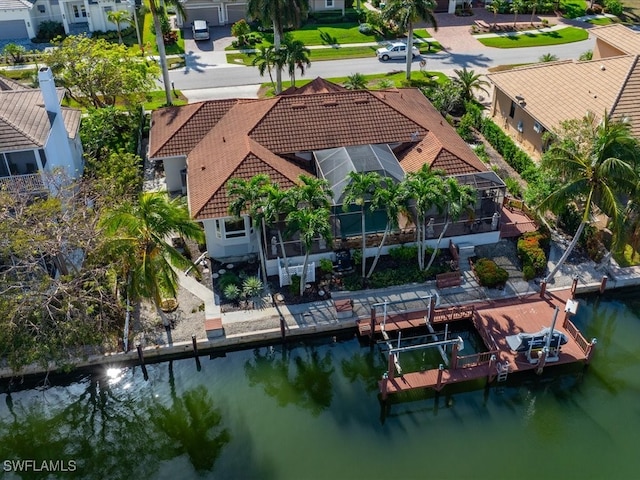 drone / aerial view featuring a water view