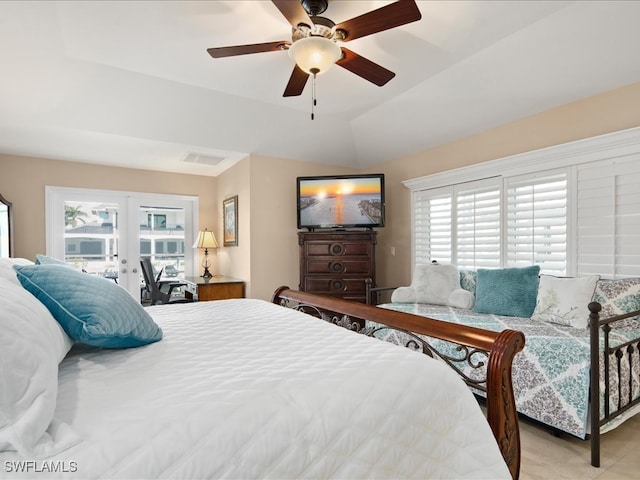 bedroom featuring french doors, ceiling fan, and vaulted ceiling