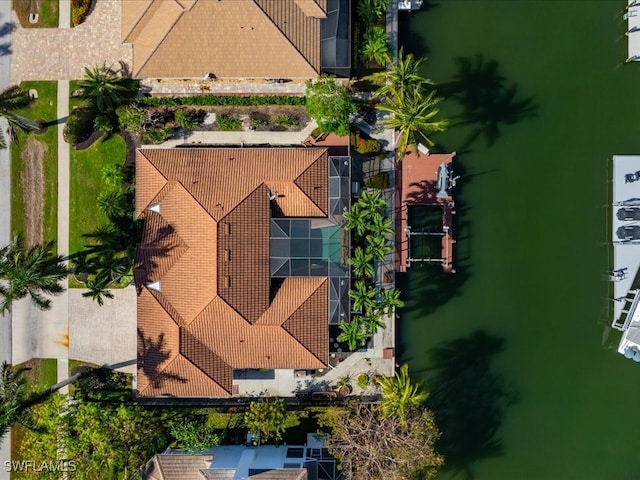 drone / aerial view featuring a water view