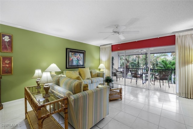 tiled living room with a textured ceiling, ceiling fan, and crown molding