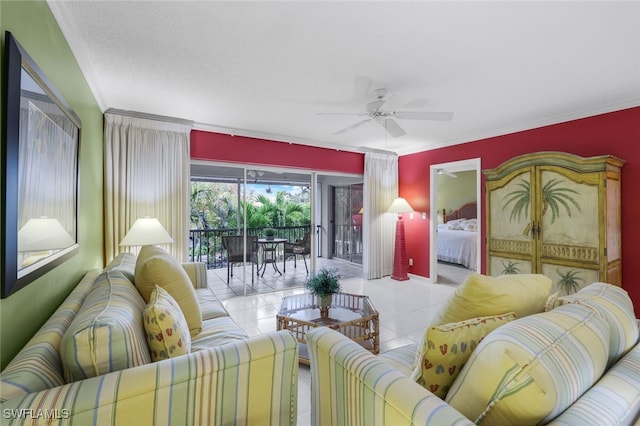 tiled living room with a textured ceiling, ceiling fan, and crown molding