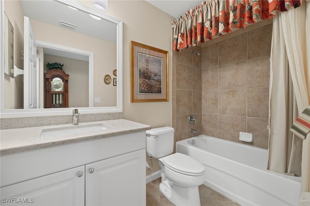 full bathroom with toilet, vanity, shower / bath combination with curtain, and tile patterned flooring