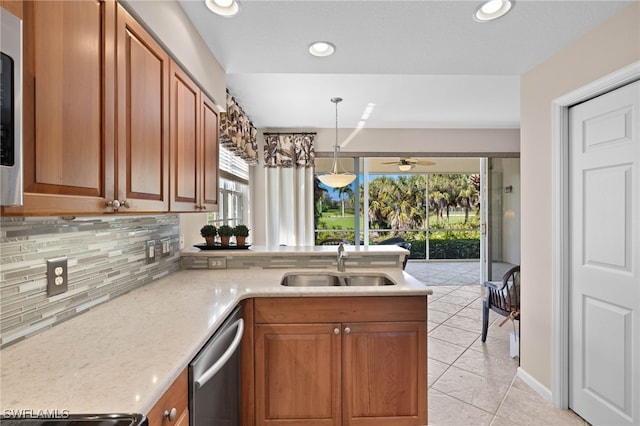 kitchen with tasteful backsplash, pendant lighting, sink, stainless steel dishwasher, and ceiling fan