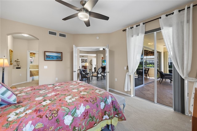 bedroom with ceiling fan, carpet flooring, and access to outside