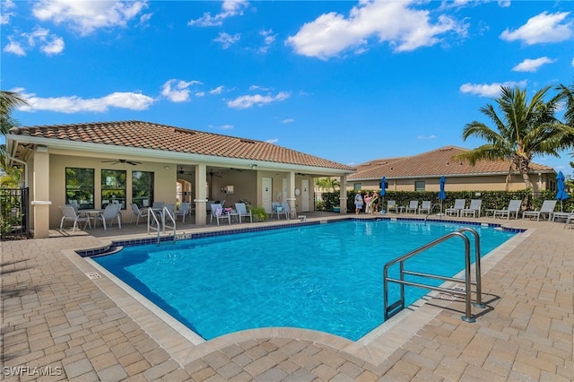 view of swimming pool with a patio and ceiling fan