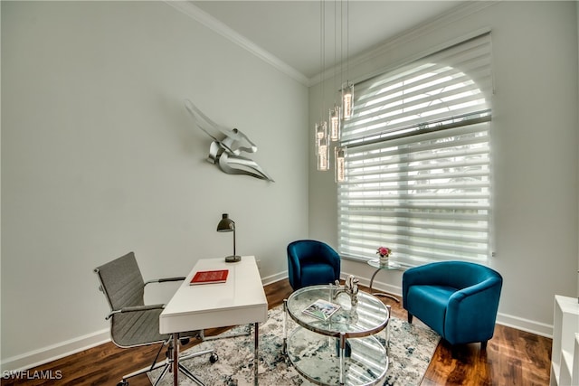 office space featuring crown molding and dark wood-type flooring