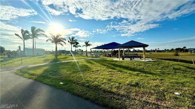 view of community featuring a gazebo and a lawn