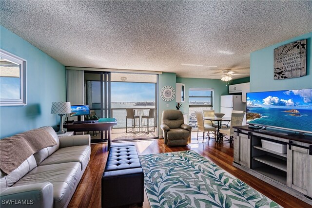 living room featuring ceiling fan, dark hardwood / wood-style flooring, and a textured ceiling