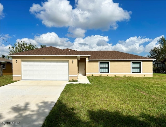 single story home featuring a front yard and a garage