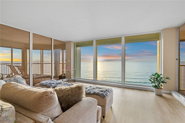 living room featuring floor to ceiling windows, wood finished floors, and a water view