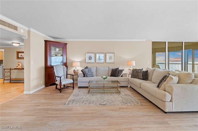 living room with washer / dryer, light wood-type flooring, and crown molding