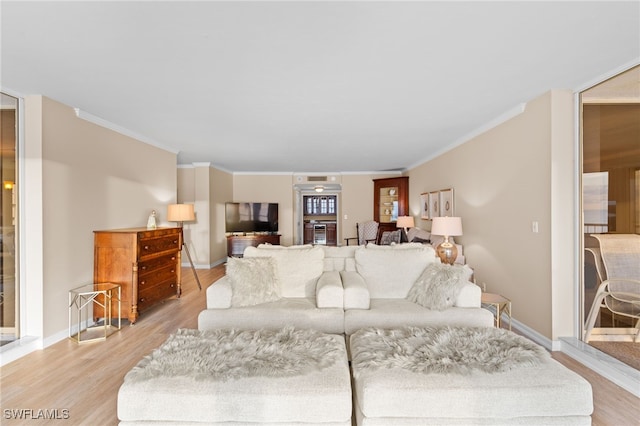 living room with light wood-type flooring and crown molding