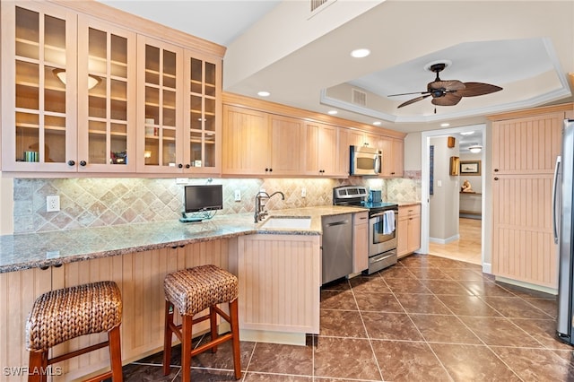 kitchen featuring ceiling fan, sink, a raised ceiling, a kitchen bar, and appliances with stainless steel finishes