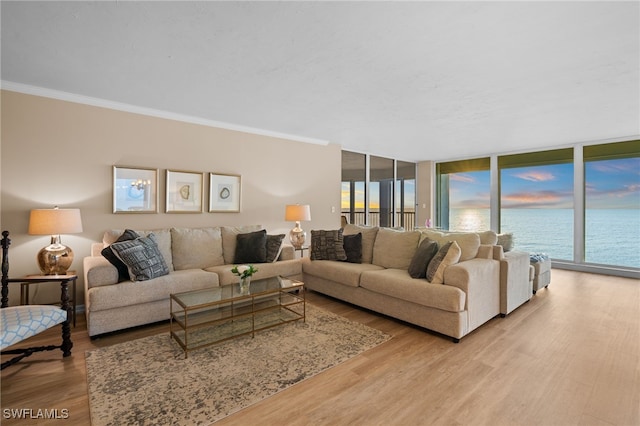 living room with expansive windows, a water view, light wood-type flooring, and crown molding