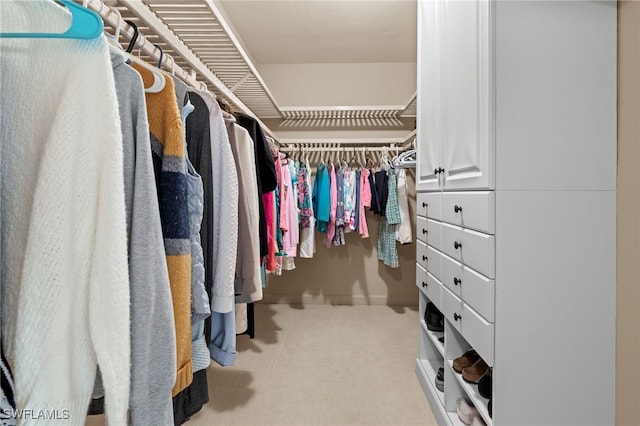 walk in closet featuring light colored carpet