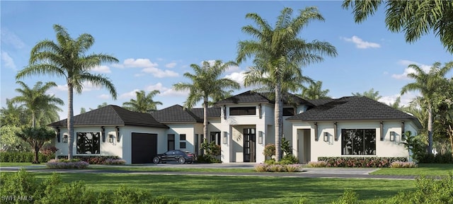 view of front of property featuring a tiled roof, aphalt driveway, a front yard, and a garage